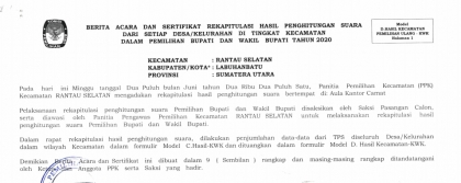 Berita Acara dan Sertifikat Rekapitulasi Hasil Penghitungan Suara Tingkat Kecamatan Dalam Pemilihan Bupati dan Wakil Bupati Tahun 2020